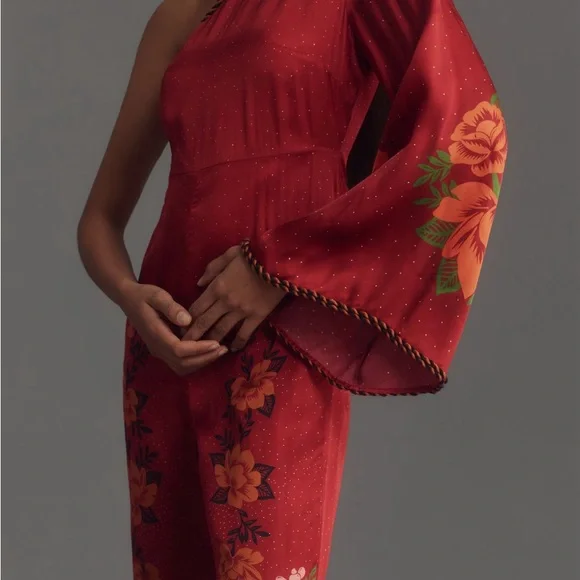 Anthropologie x Farm Rio One-Shoulder Printed Satin Rose Jumpsuit